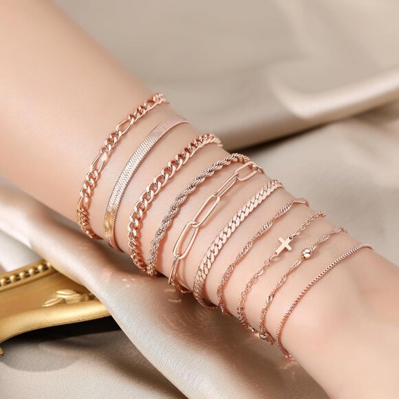 Gold Women’s Stack Bracelets Set 10 Pcs Rose Gold Chain & Paper Clip Jewelry - Picture 3 of 7